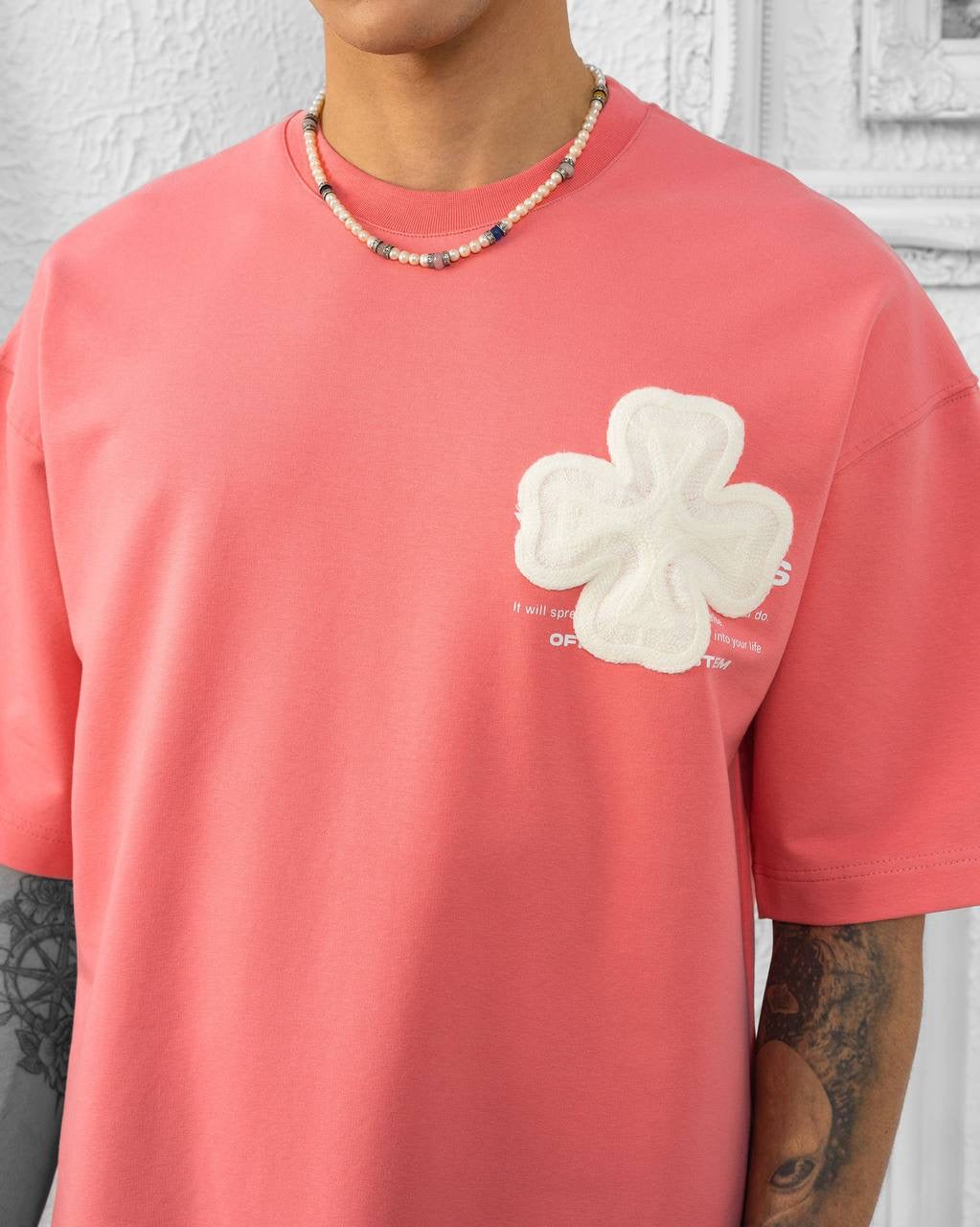 Clover Patch Oversized T-Shirt – Coral Pink Streetwear Statement