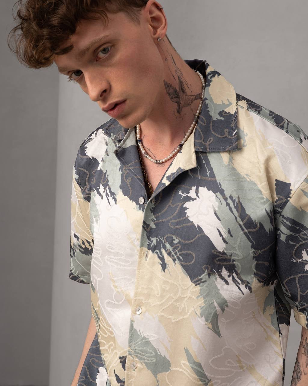 Abstract Print Button-Up Shirt & Shorts Set, Summer Outfit