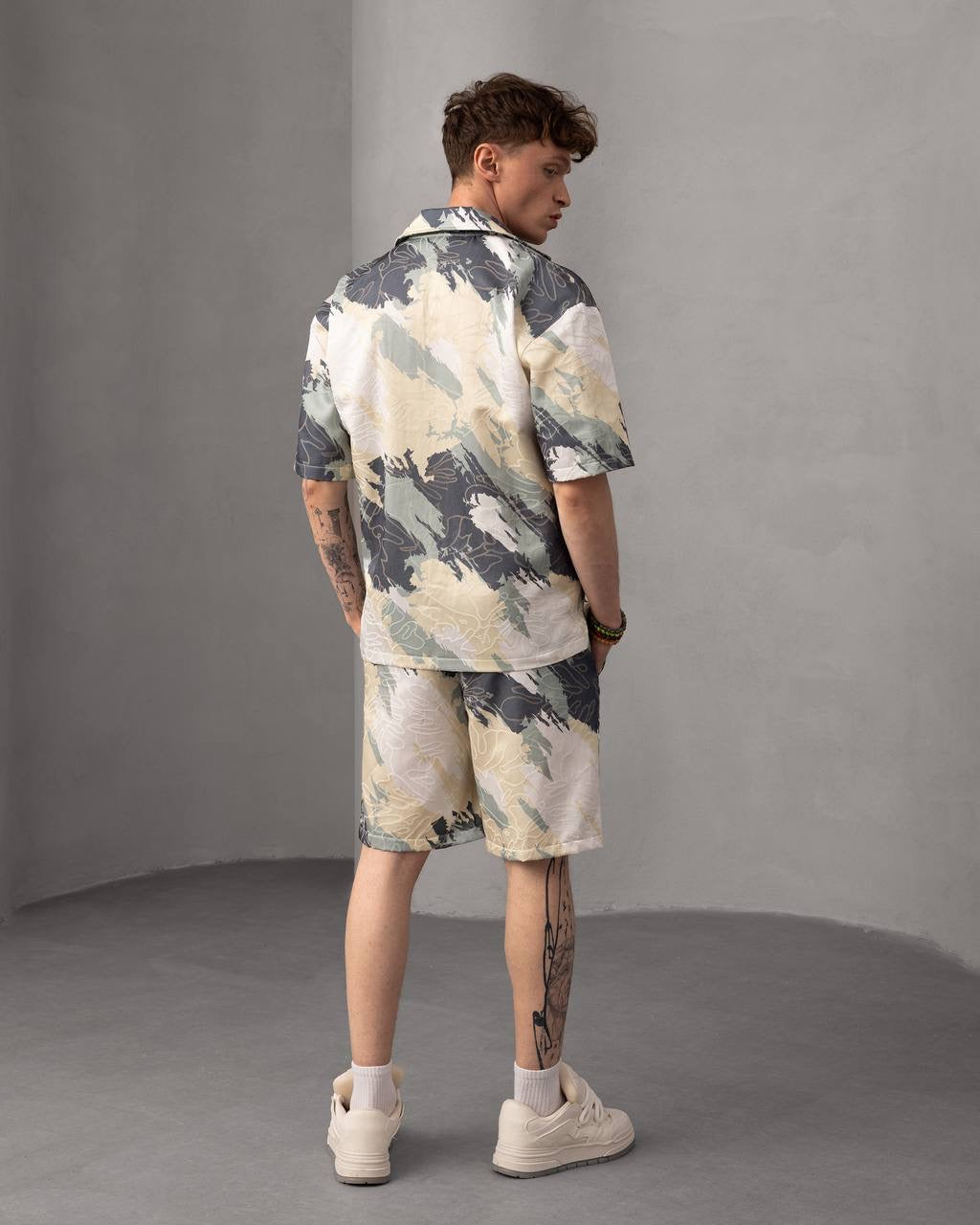 Abstract Print Button-Up Shirt & Shorts Set, Summer Outfit