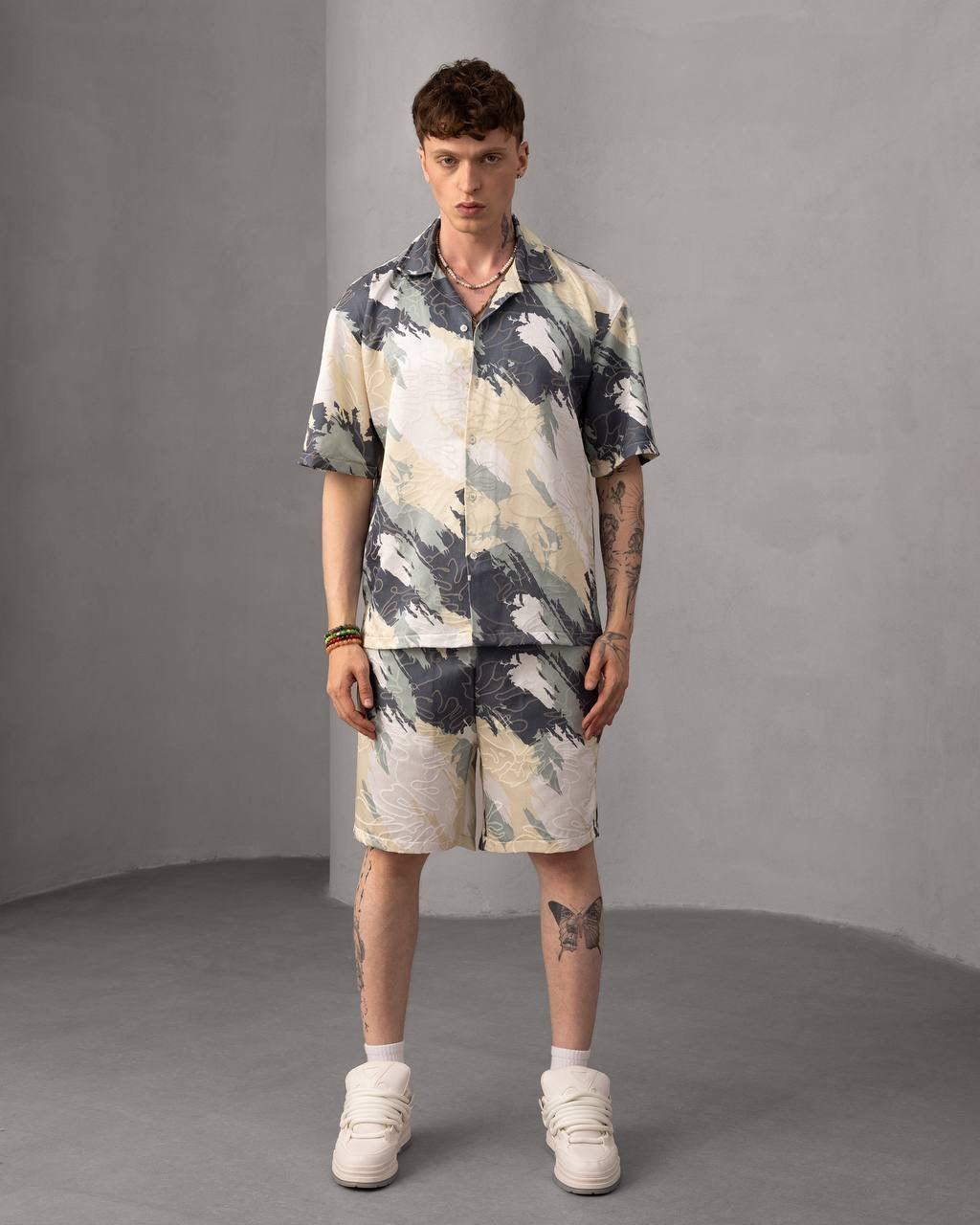 Abstract Print Button-Up Shirt & Shorts Set, Summer Outfit