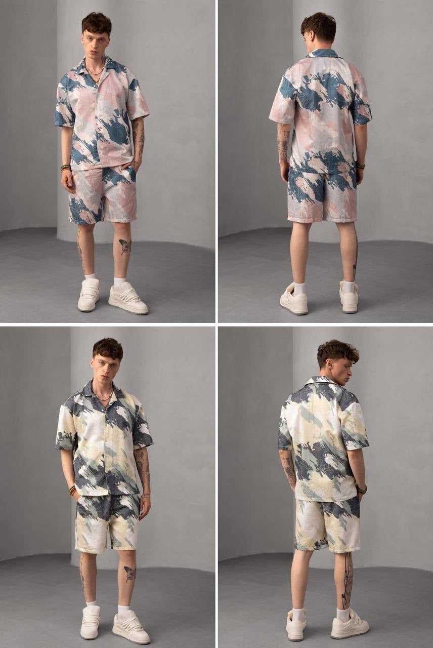 Abstract Print Button-Up Shirt & Shorts Set, Summer Outfit