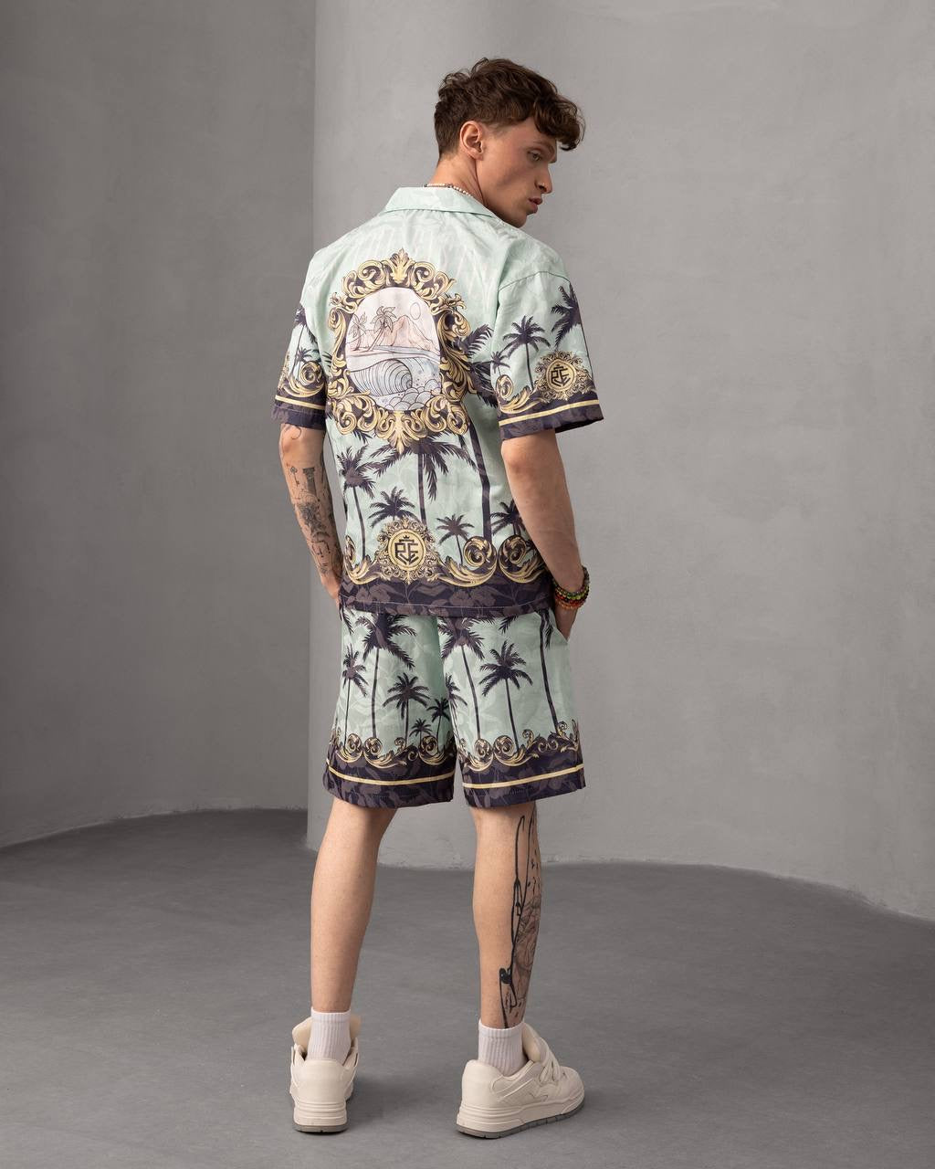 Palm Print Button-Up Summer Beachwear Short Set
