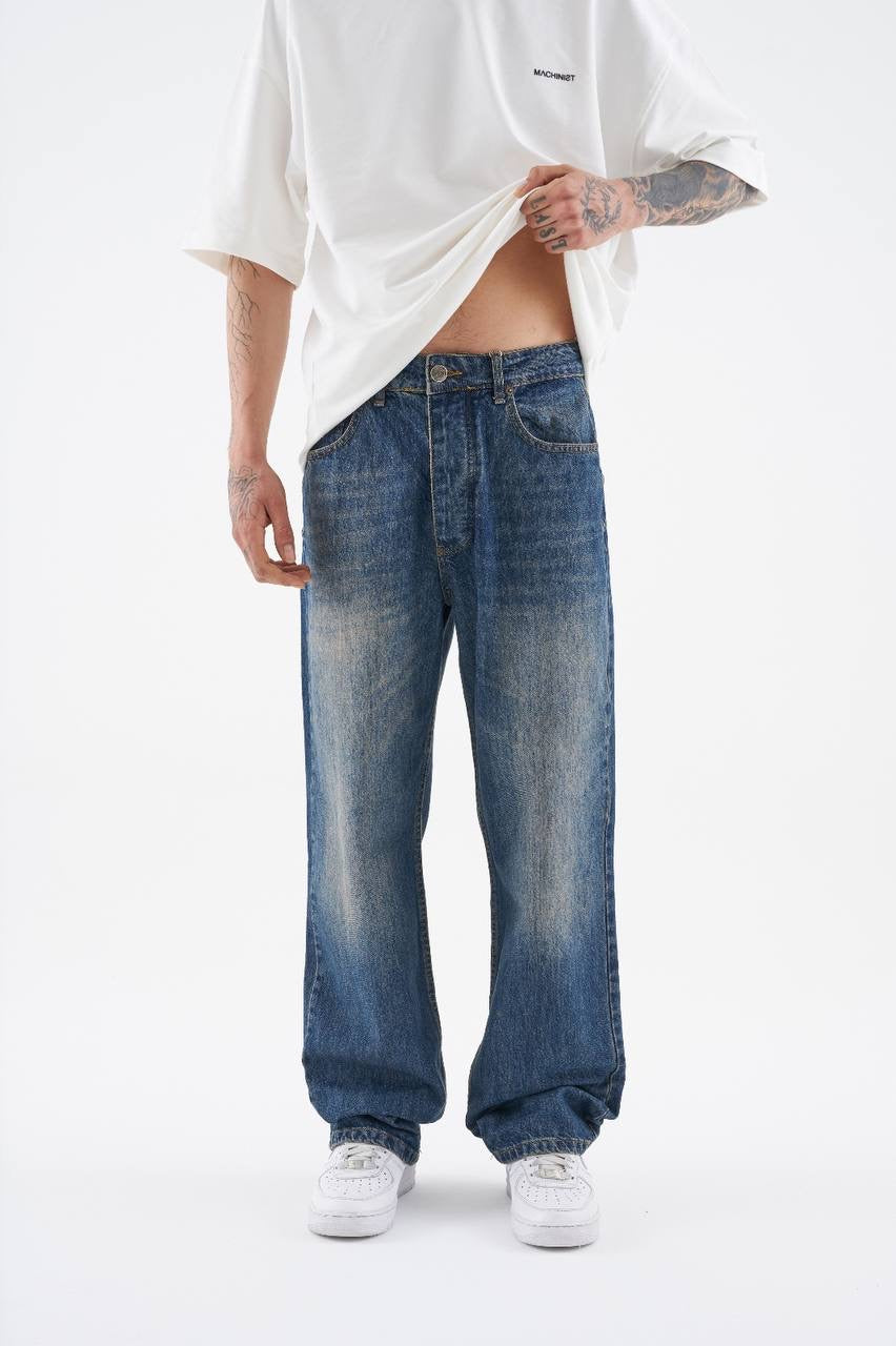 Men’s Baggy Fit Gabardine Dyed Jeans in  Blue Cotton Twill