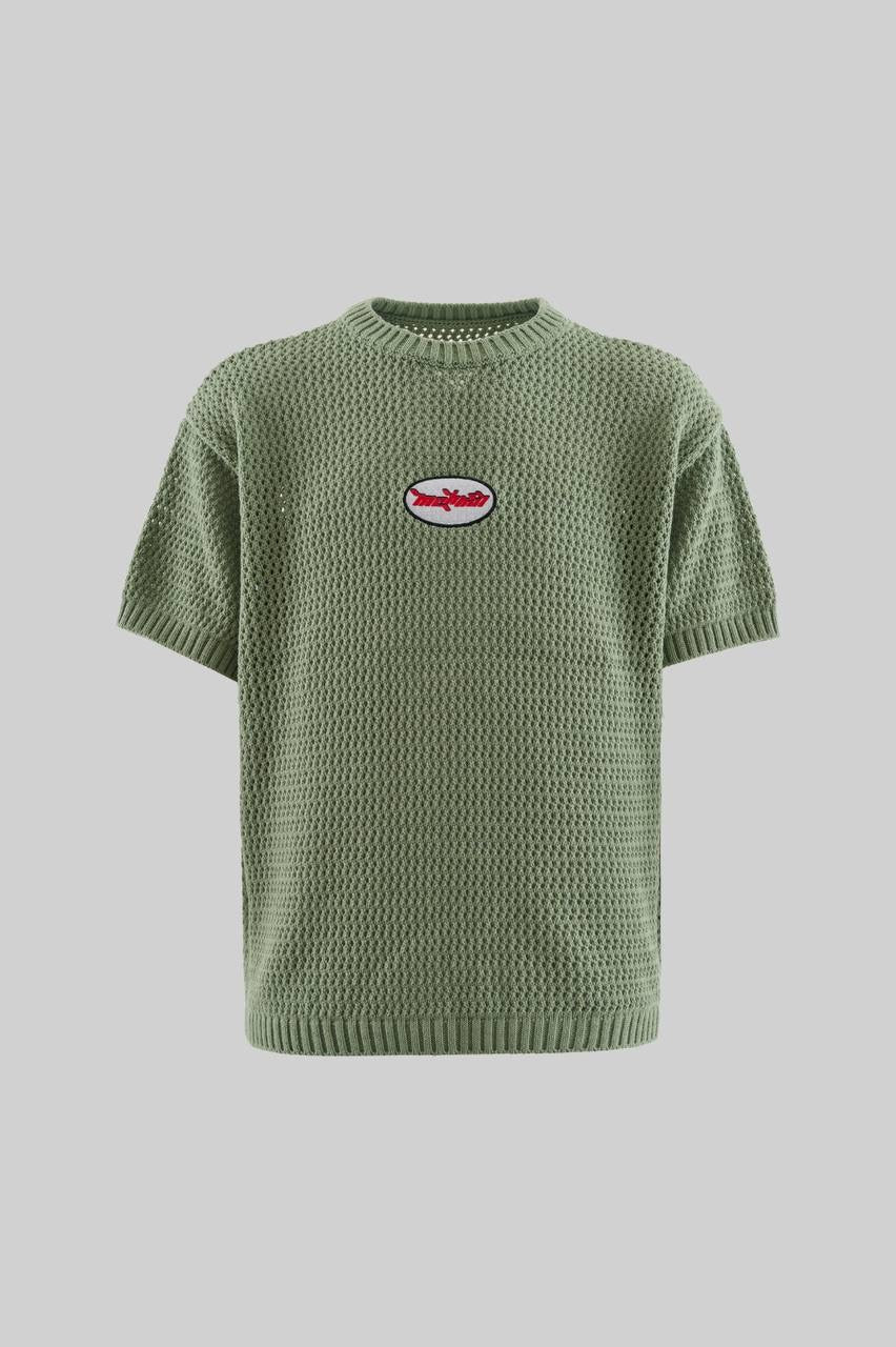 Men’s Boxy Fit Embroidered Short Sleeve T-Shirt in Soft Green Cotton Knit