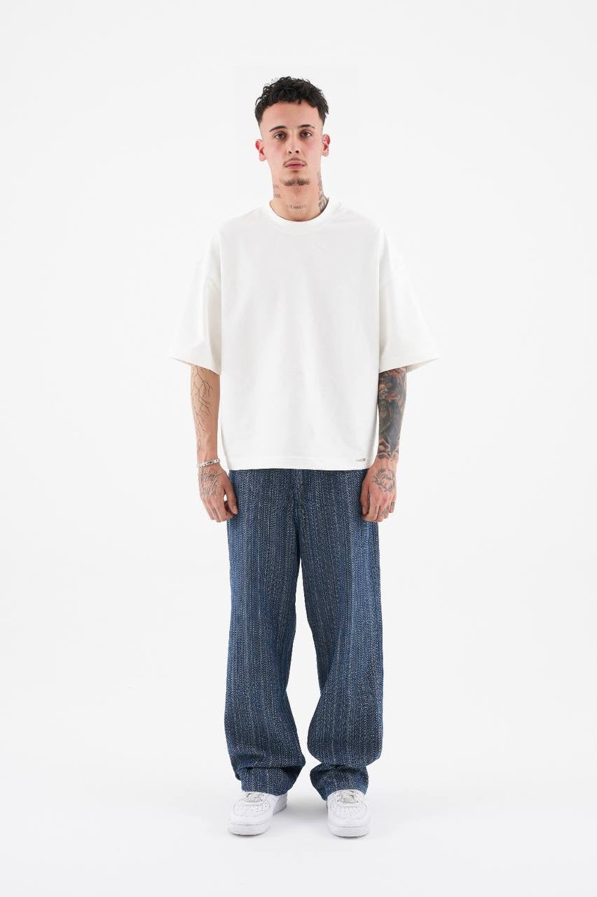 Men's Relaxed Fit Ethnic Patterned Jeans in Washed Blue Denim