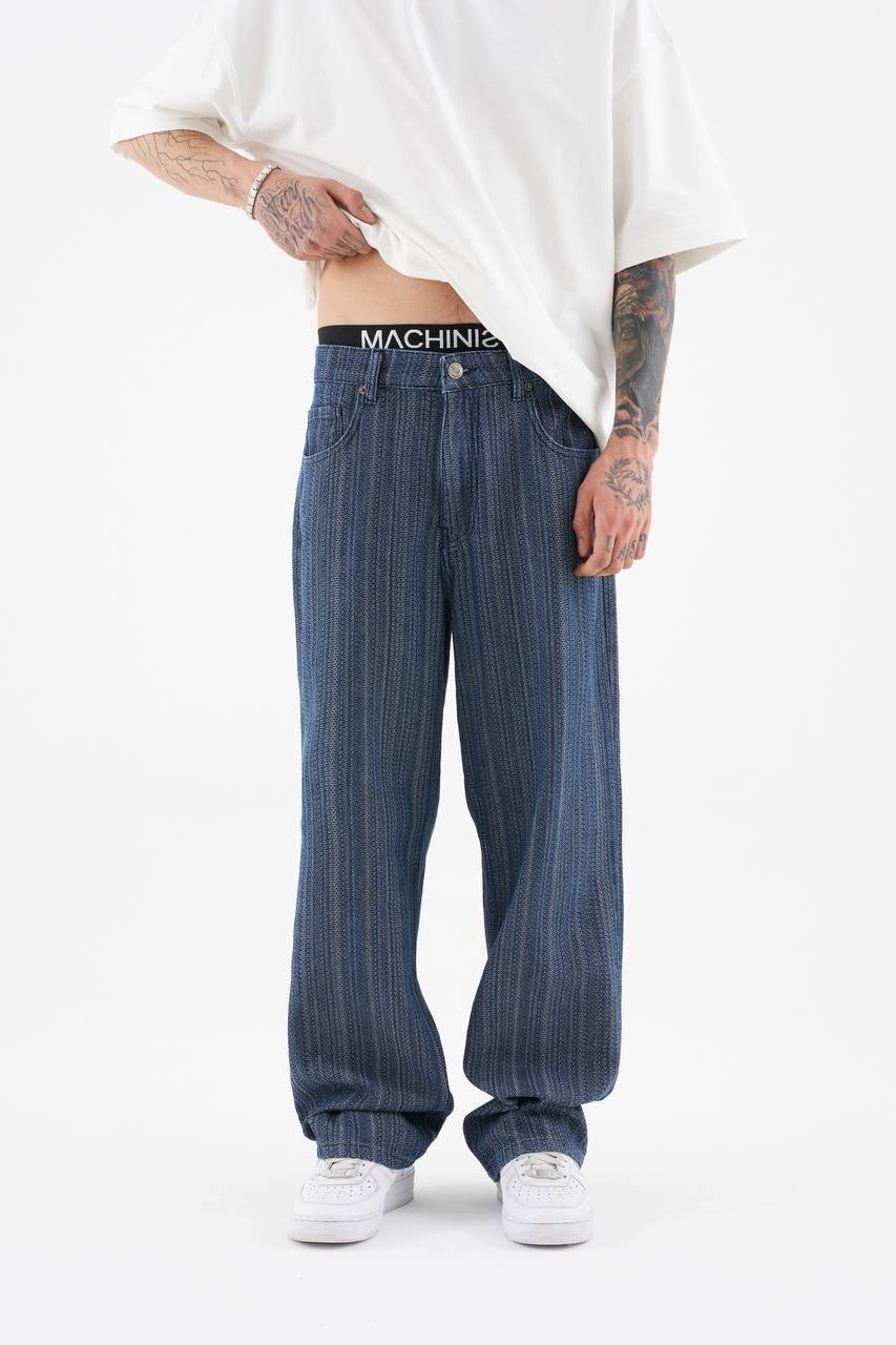 Men's Relaxed Fit Ethnic Patterned Jeans in Washed Blue Denim