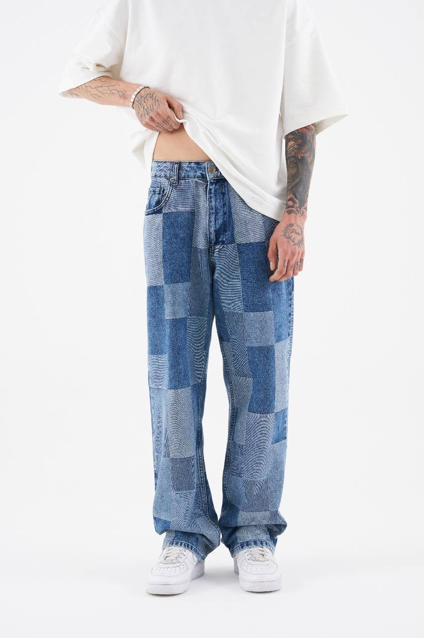Men's Oversize Patchwork Patterned Jeans in Light Blue Denim