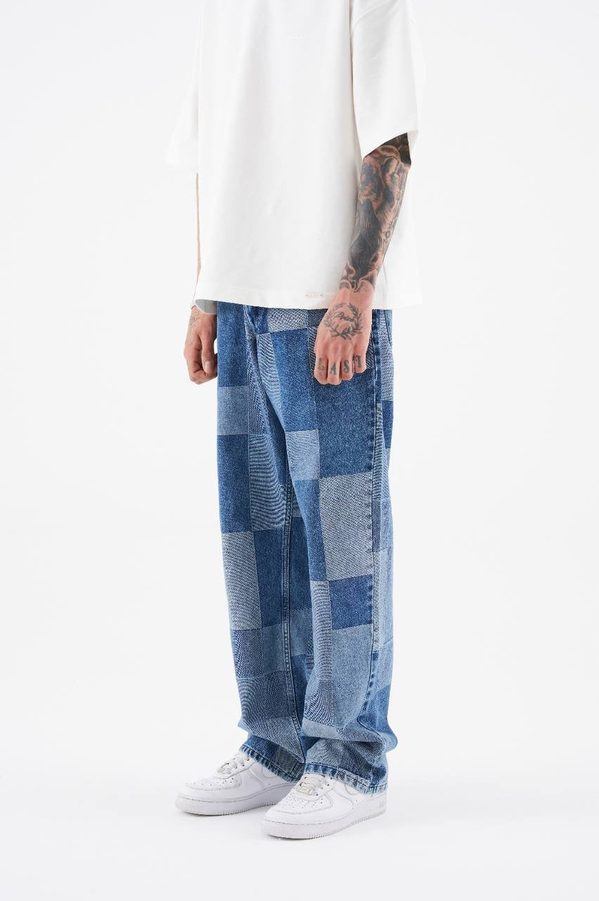 Men's Oversize Patchwork Patterned Jeans in Light Blue Denim