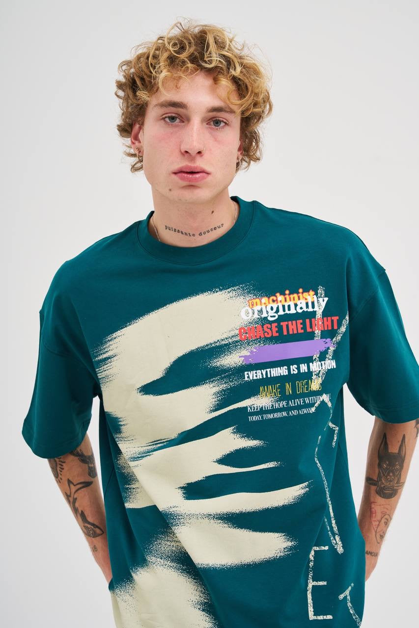 Men’s Oversized Slogan Printed T-Shirt in Oil Green