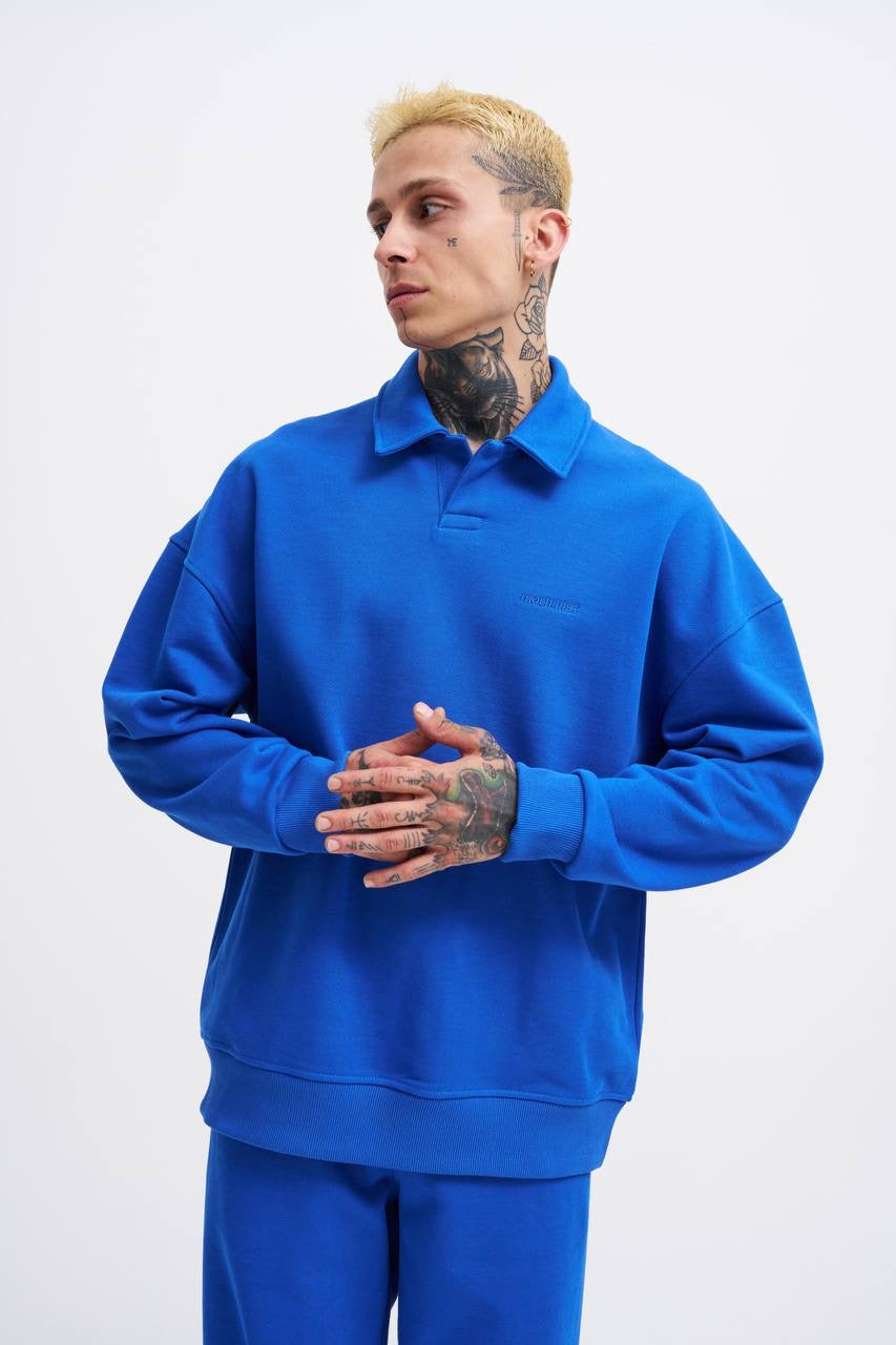 Unisex Double Oversize Placket Collar Sweatshirt - Blue