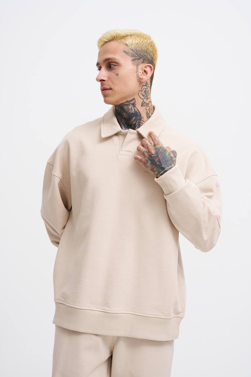 Machinist Men’s Distressed Stitch Polo Sweatshirt – Soft Beige