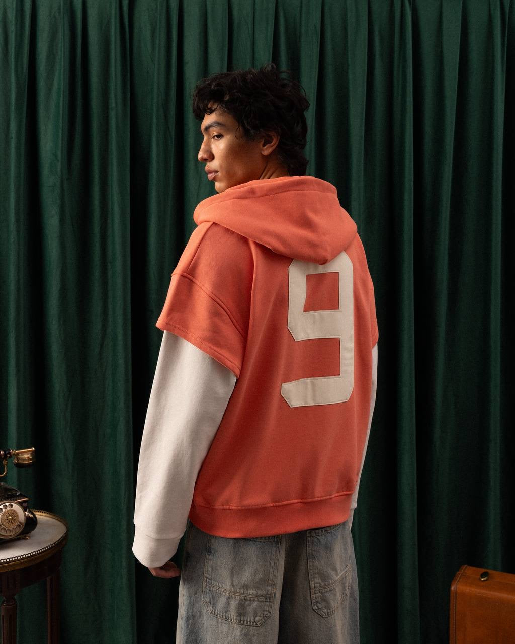 Men’s Vintage Orange Zip-Up Hoodie with Layered Sleeve Design