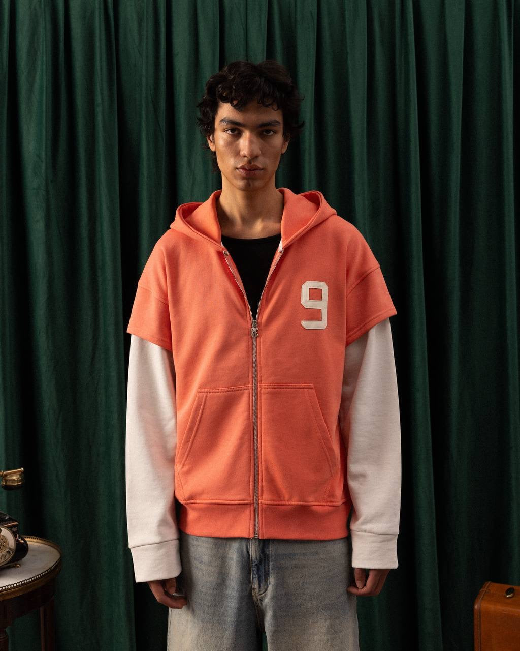 Men’s Vintage Orange Zip-Up Hoodie with Layered Sleeve Design