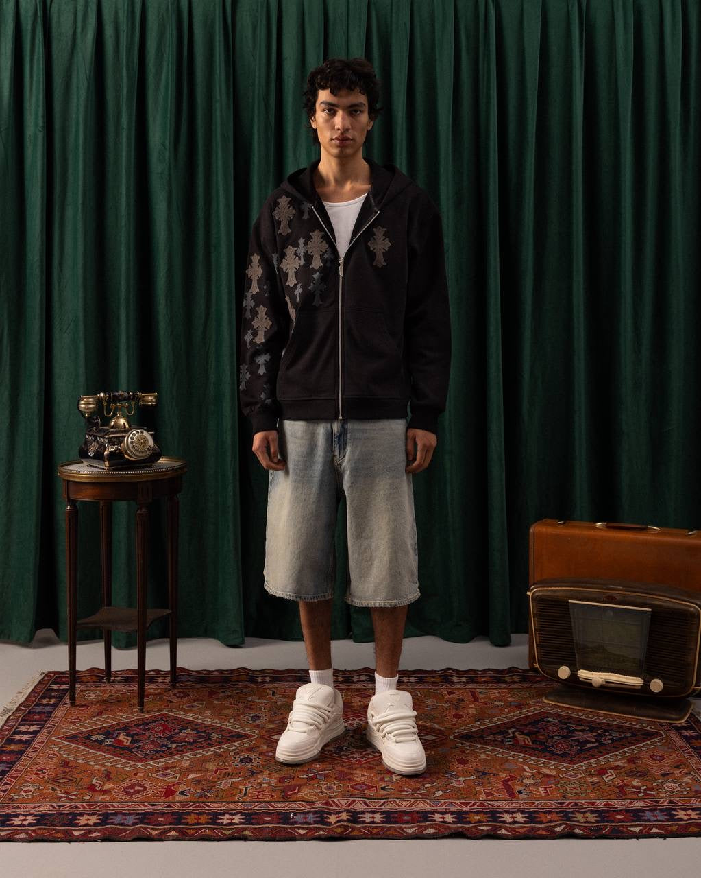 Men’s Black Zip-Up Hoodie with Gothic Cross Patches – Streetwear Statement Piece