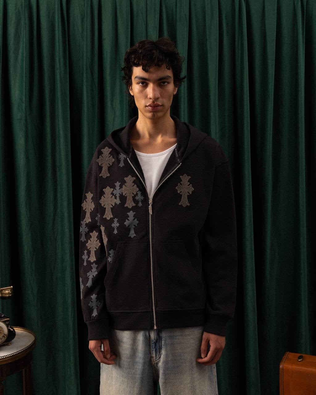Men’s Black Zip-Up Hoodie with Gothic Cross Patches – Streetwear Statement Piece