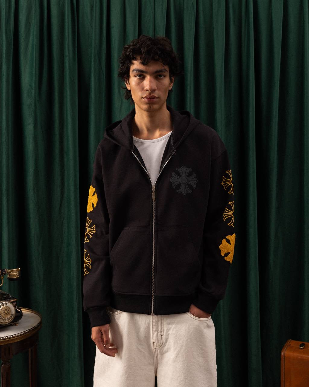 Men’s Black Zip-Up Hoodie with Yellow Sleeve Graphics – Urban Streetwear Essential