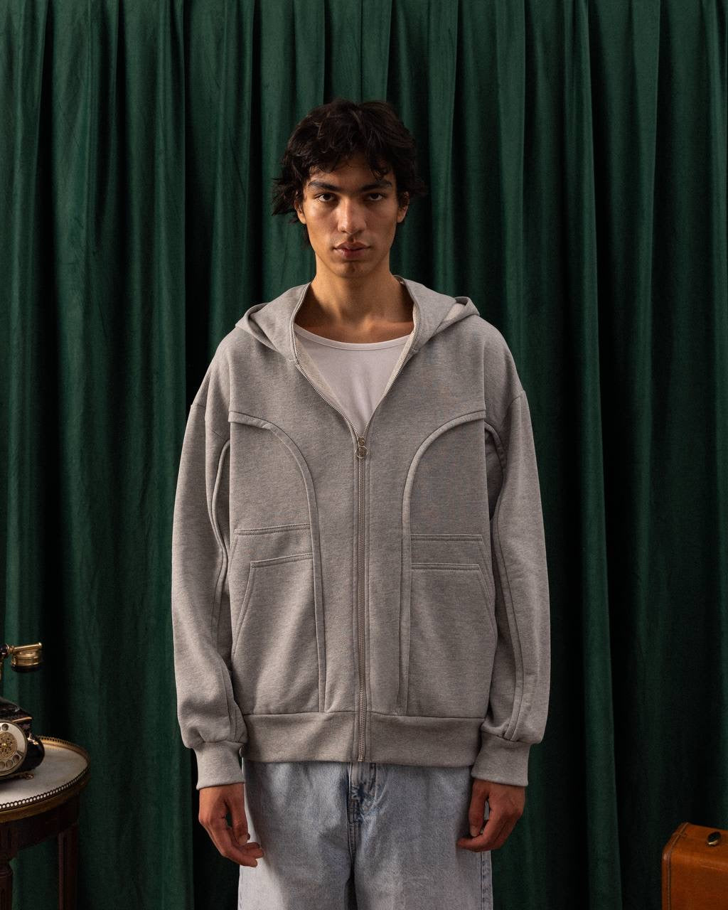 Men’s Grey Zip-Up Hoodie – Minimalist Streetwear with Modern Panel Detailing