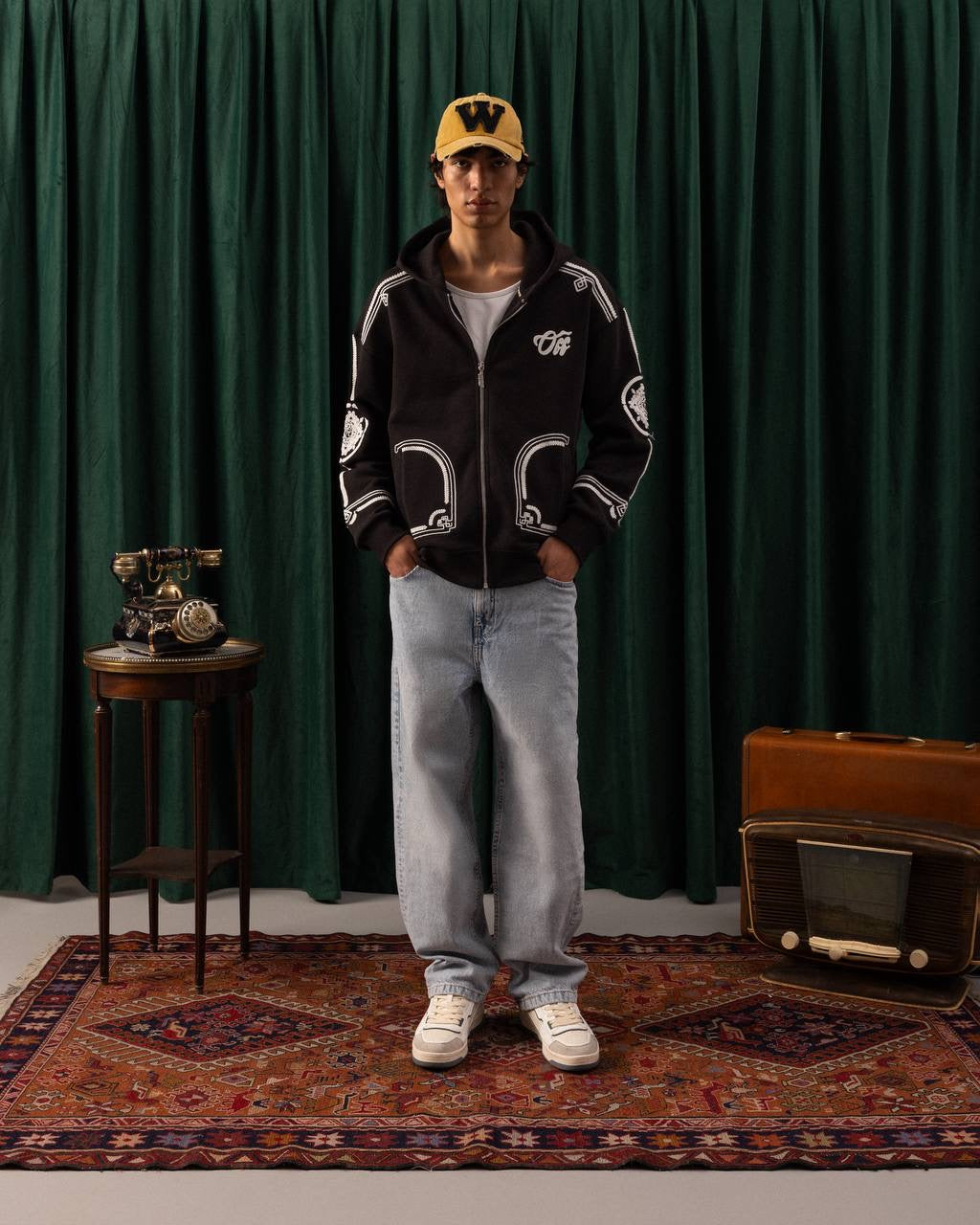 Men’s Black Zip-Up Hoodie – Graphic Varsity Streetwear Style