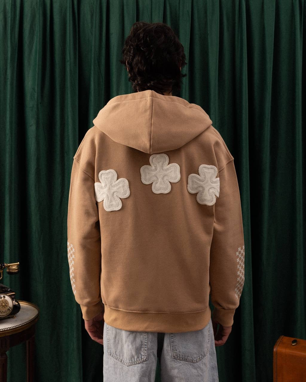 Men’s Camel Zip-Up Hoodie – Four-Leaf Clover Patch Streetwear