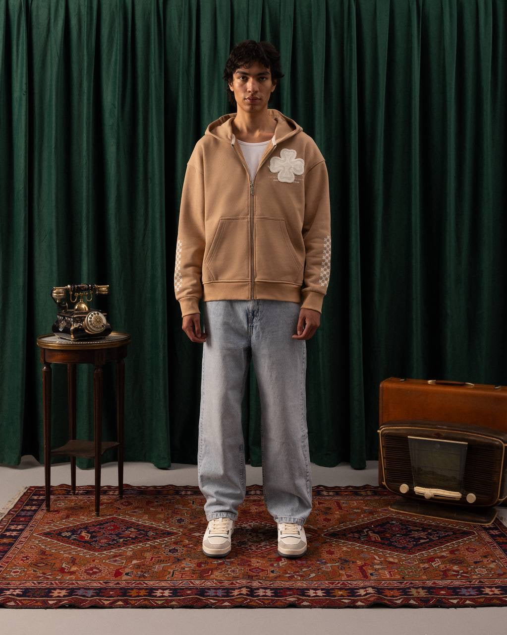 Men’s Camel Zip-Up Hoodie – Four-Leaf Clover Patch Streetwear