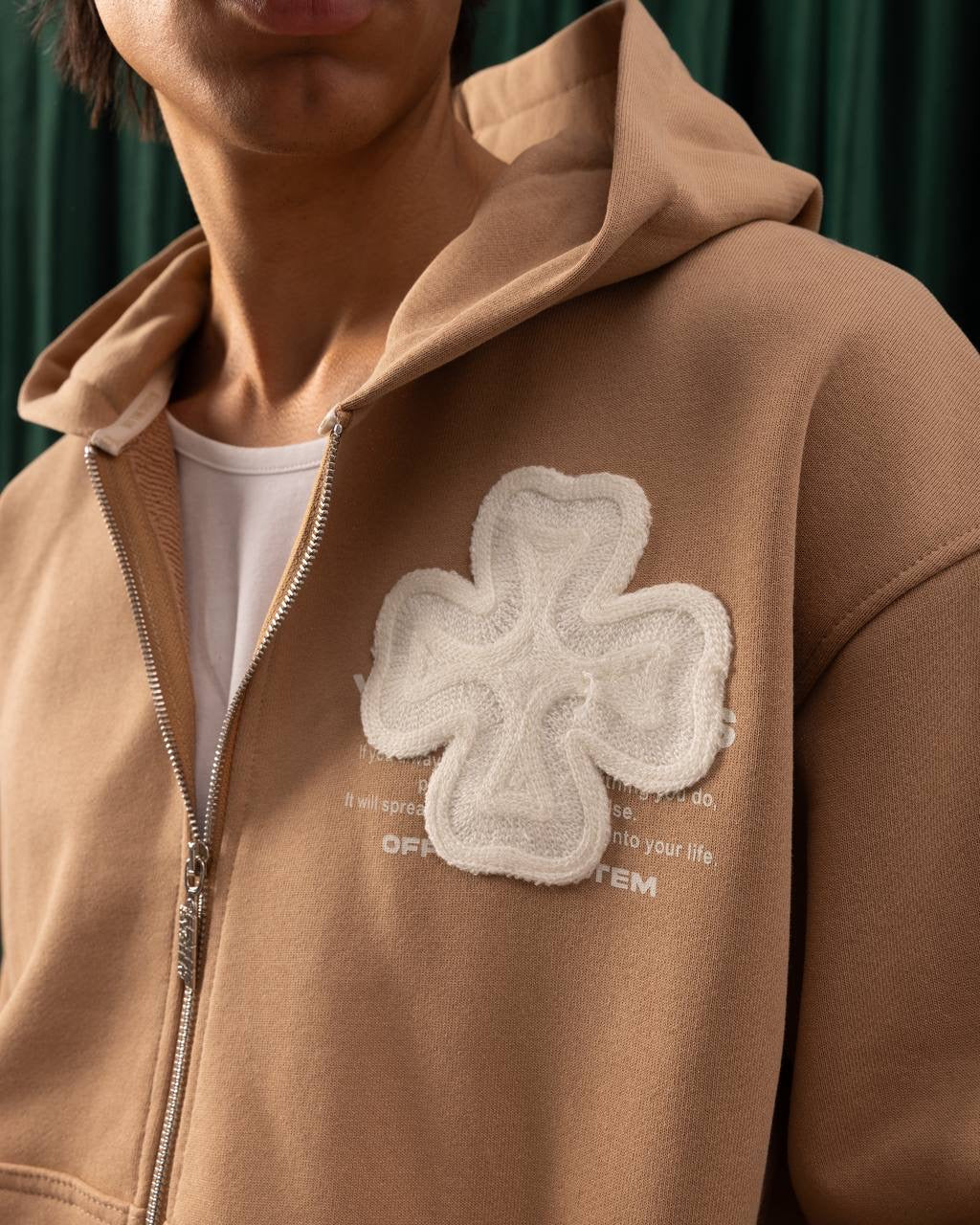 Men’s Camel Zip-Up Hoodie – Four-Leaf Clover Patch Streetwear