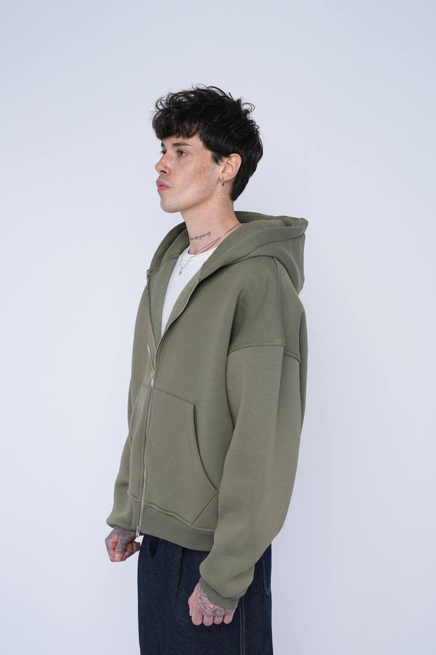 Olive Green Oversized Zip-Up Hoodie – Unisex Streetwear Casual Jacket