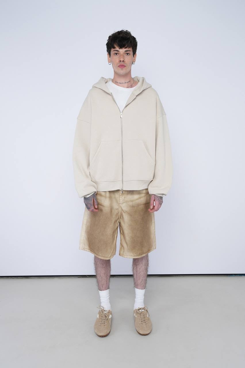 Beige Oversized Zip-Up Hoodie – Unisex Casual Streetwear Jacket
