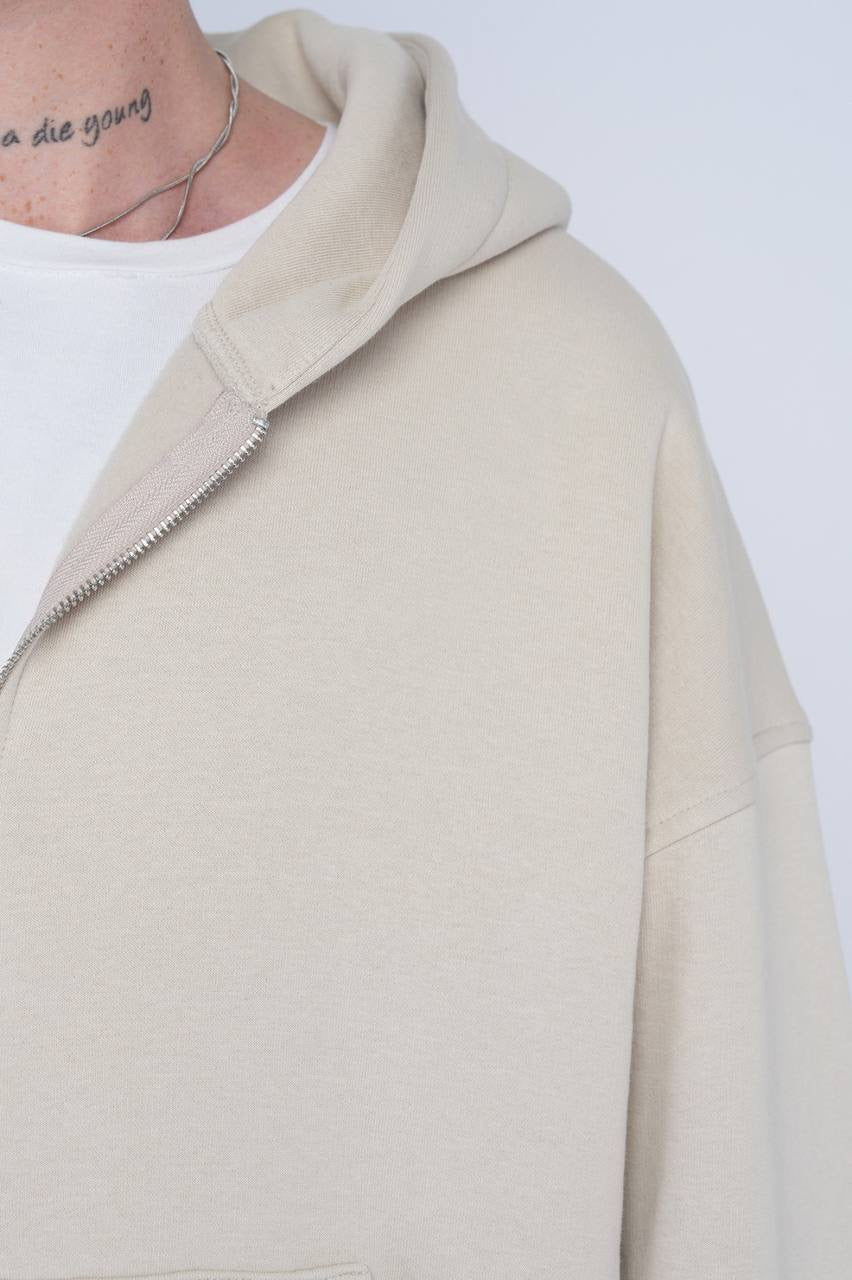 Beige Oversized Zip-Up Hoodie – Unisex Casual Streetwear Jacket