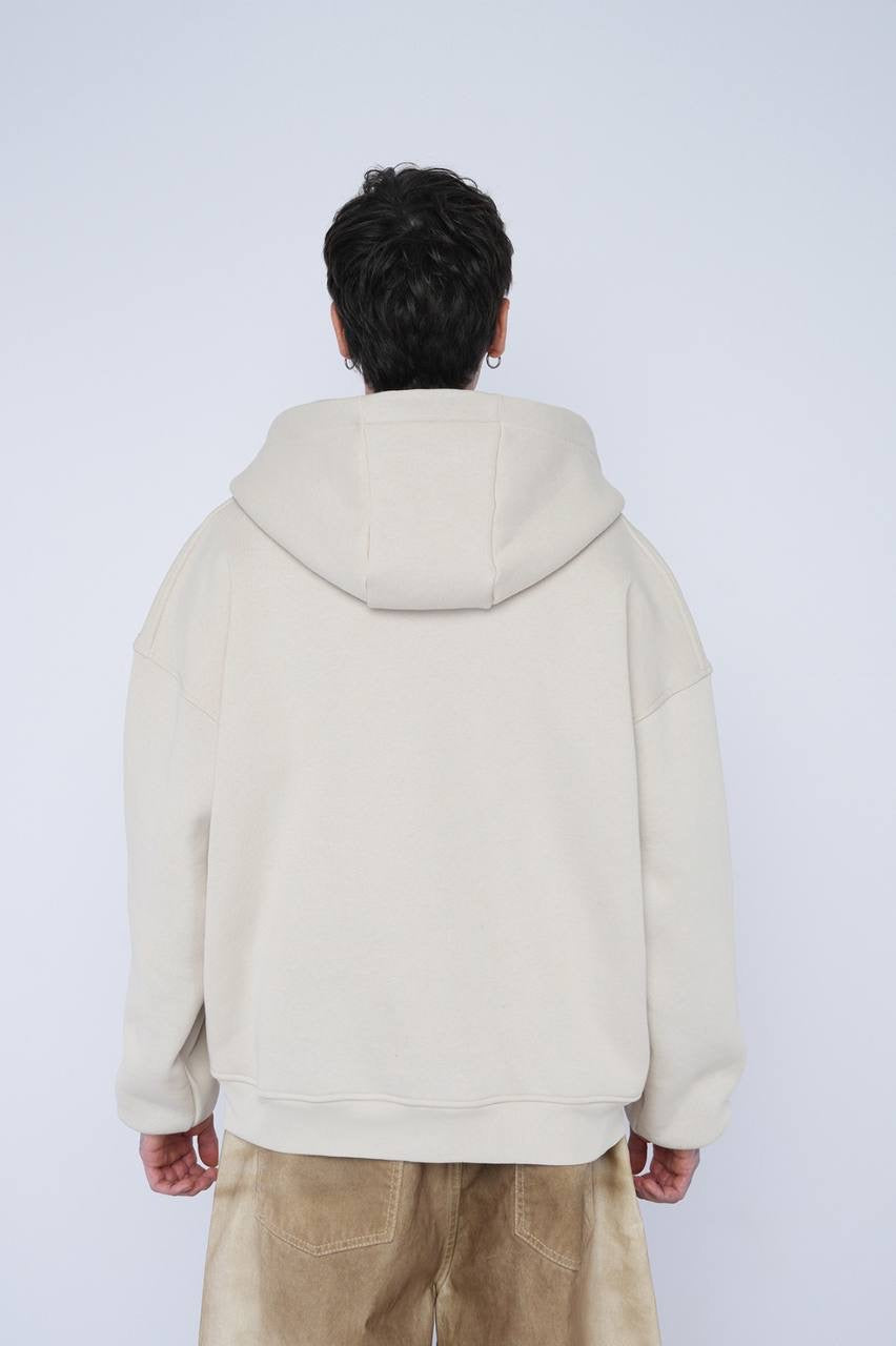 Beige Oversized Zip-Up Hoodie – Unisex Casual Streetwear Jacket