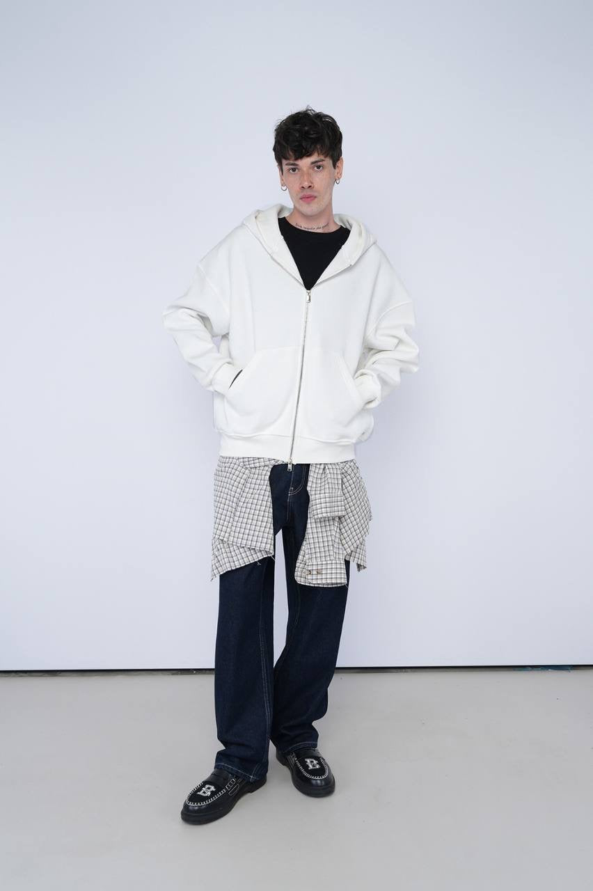 White Oversized Zip-Up Hoodie – Unisex Casual Streetwear Jacket