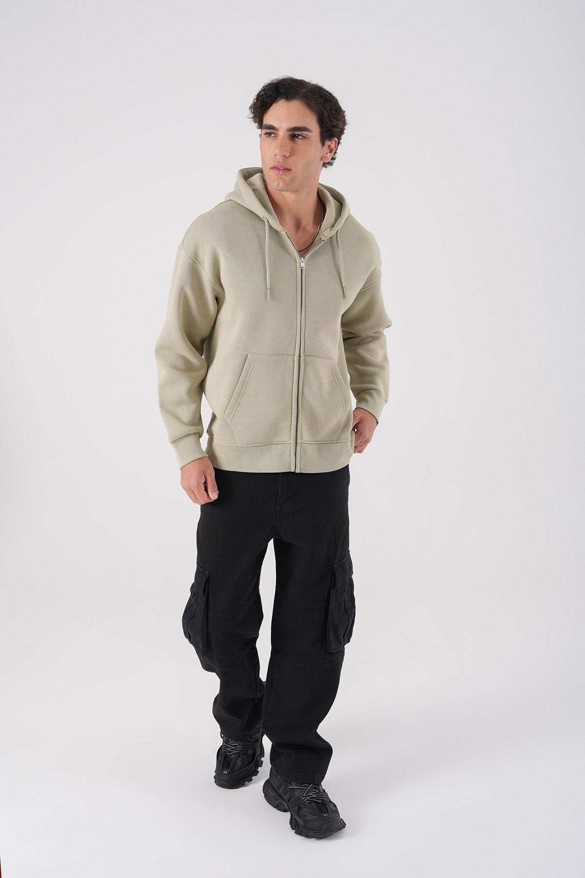 Light Khaki Zip-Up Hoodie – Unisex Casual Streetwear Sweatshirt