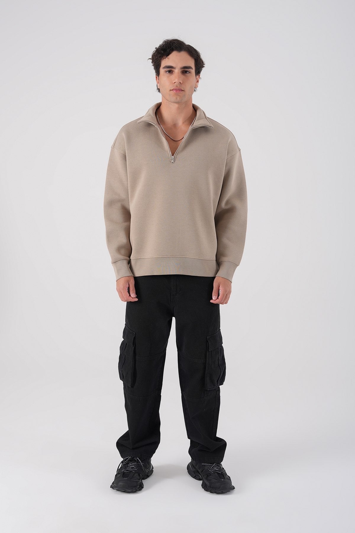 Beige Half-Zip Sweatshirt – Unisex Minimal Streetwear Pullover