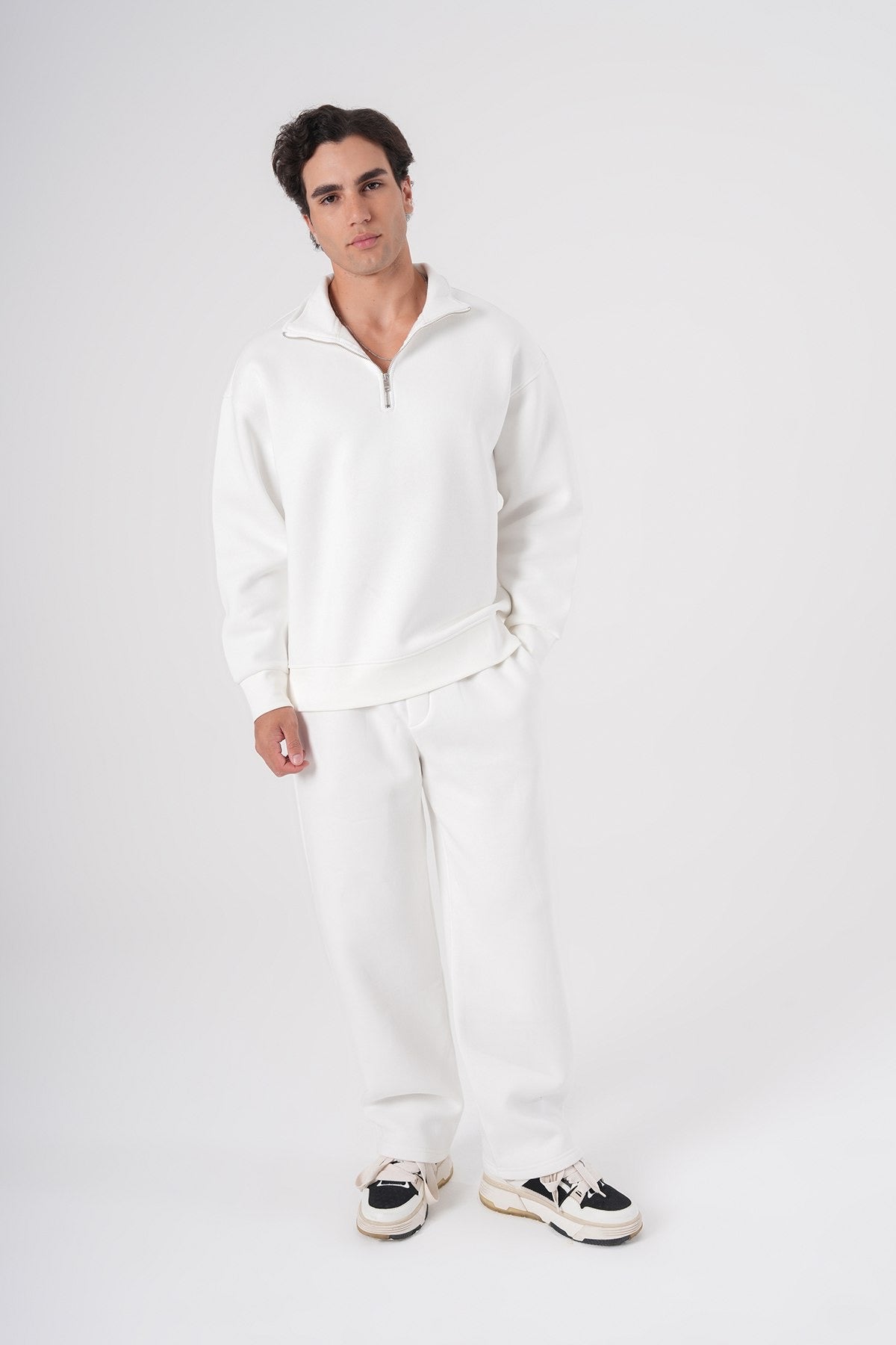 White Half-Zip Sweatshirt – Minimalist Unisex Pullover