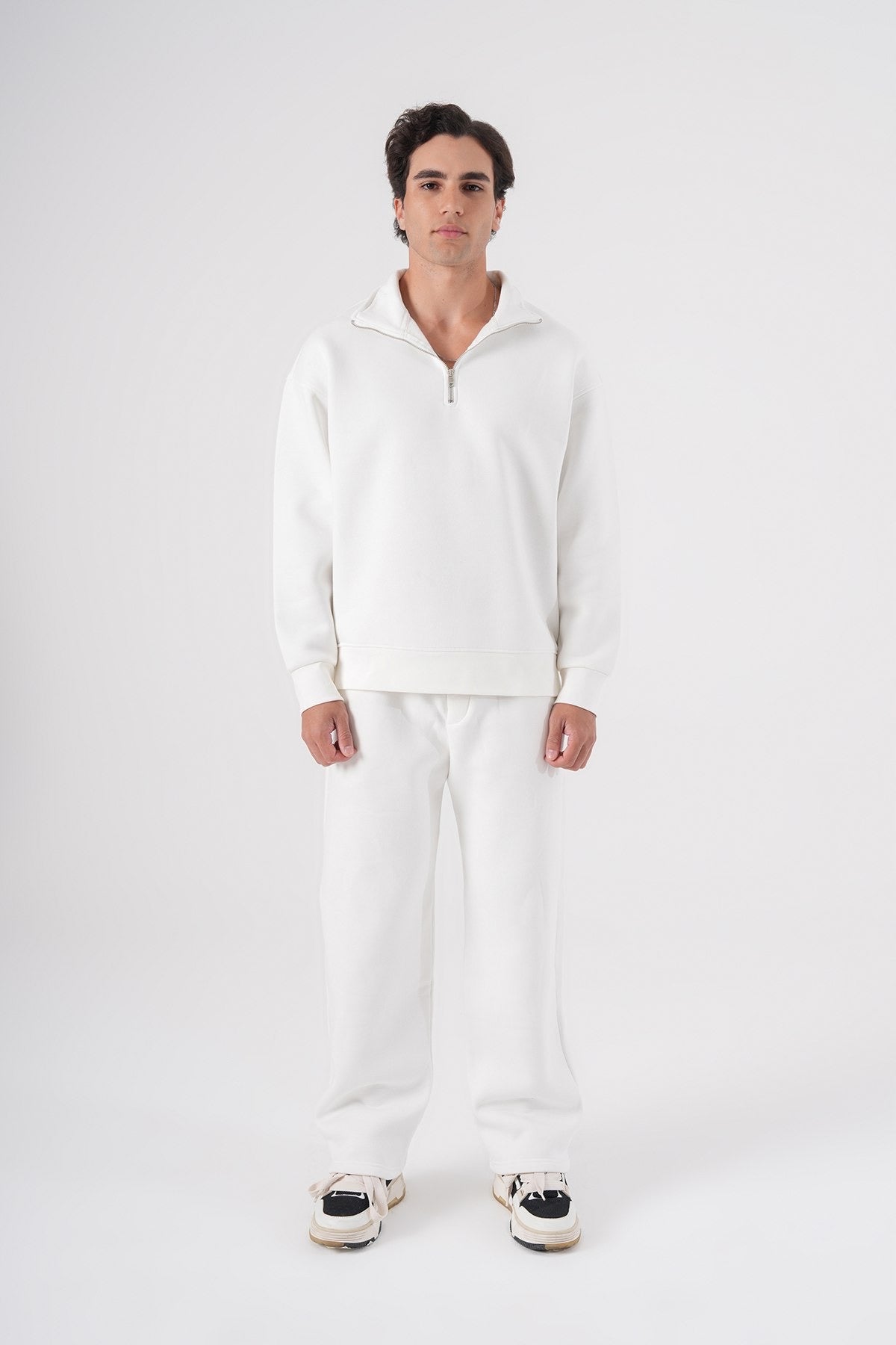 White Half-Zip Sweatshirt – Minimalist Unisex Pullover