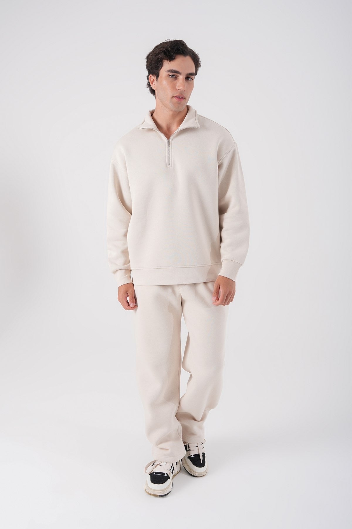 Cream Half-Zip Sweatshirt – Minimalist Unisex Casual Wear