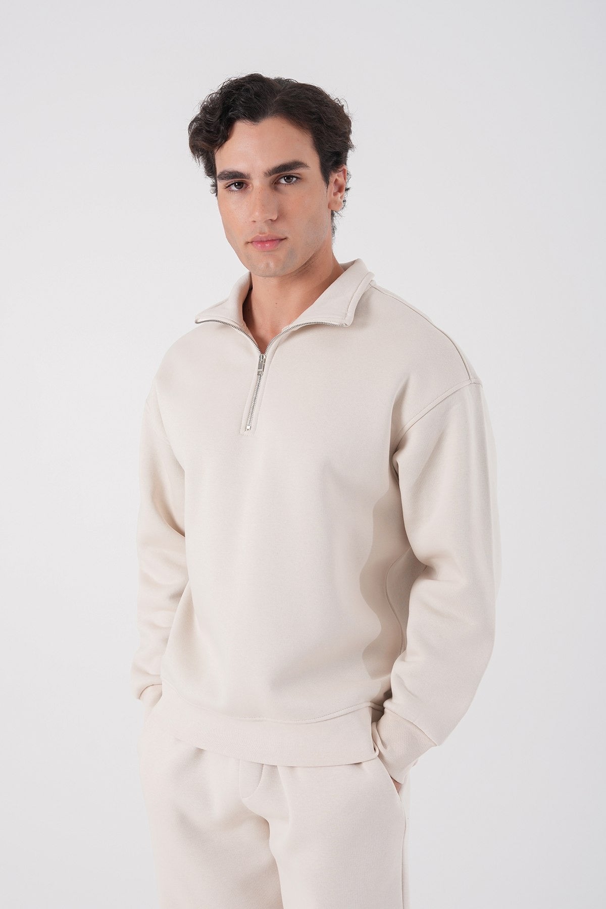 Cream Half-Zip Sweatshirt – Minimalist Unisex Casual Wear