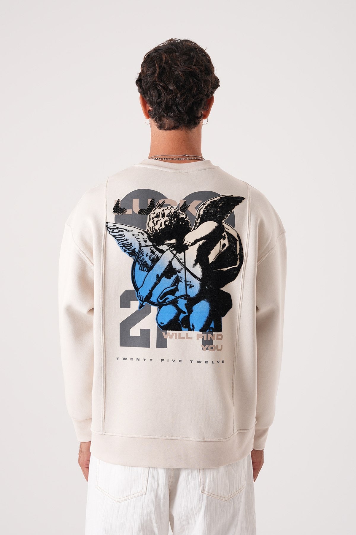 Beige Graphic Angel Print Sweatshirt – Streetwear Oversized Unisex Pullover