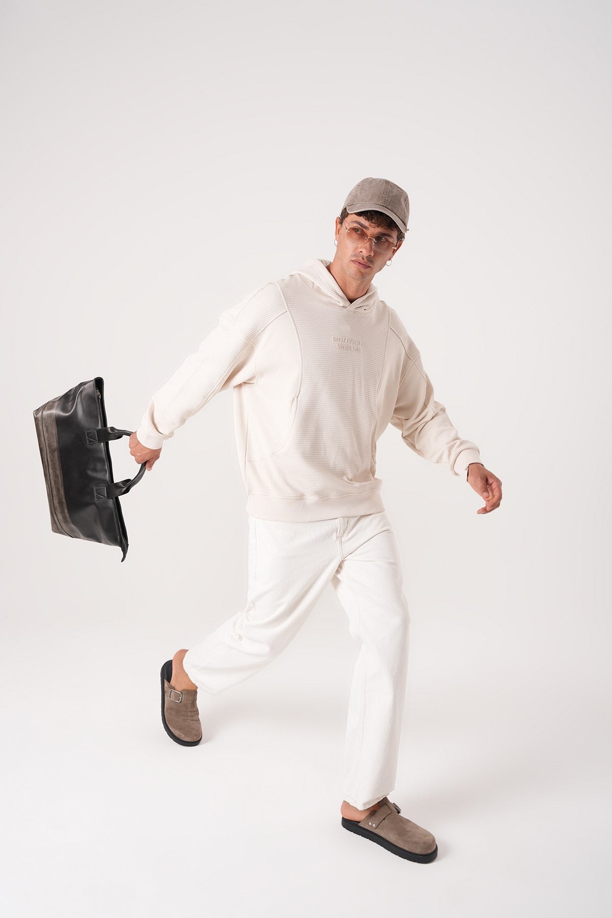 Textured Beige Hoodie – Minimal Waffle Oversized Fit