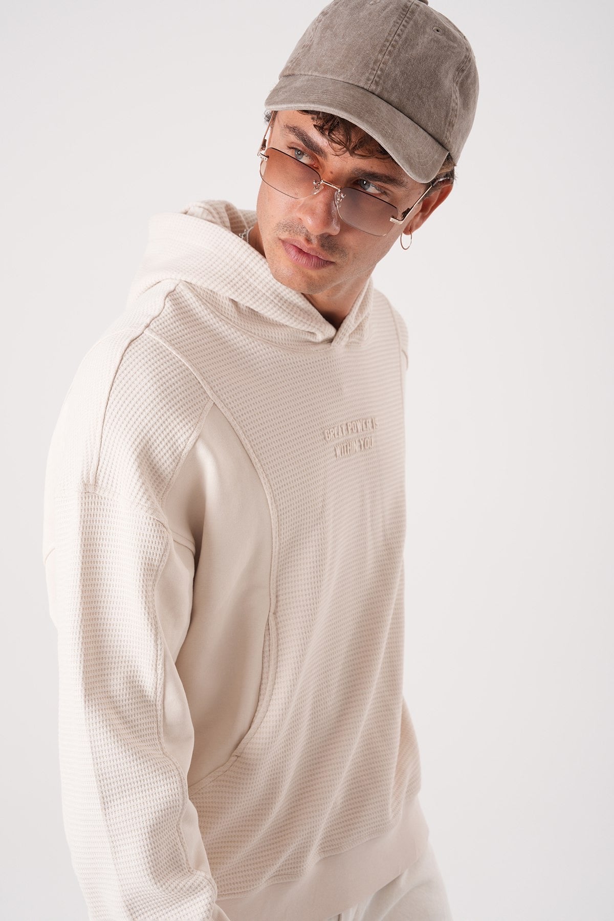 Textured Beige Hoodie – Minimal Waffle Oversized Fit