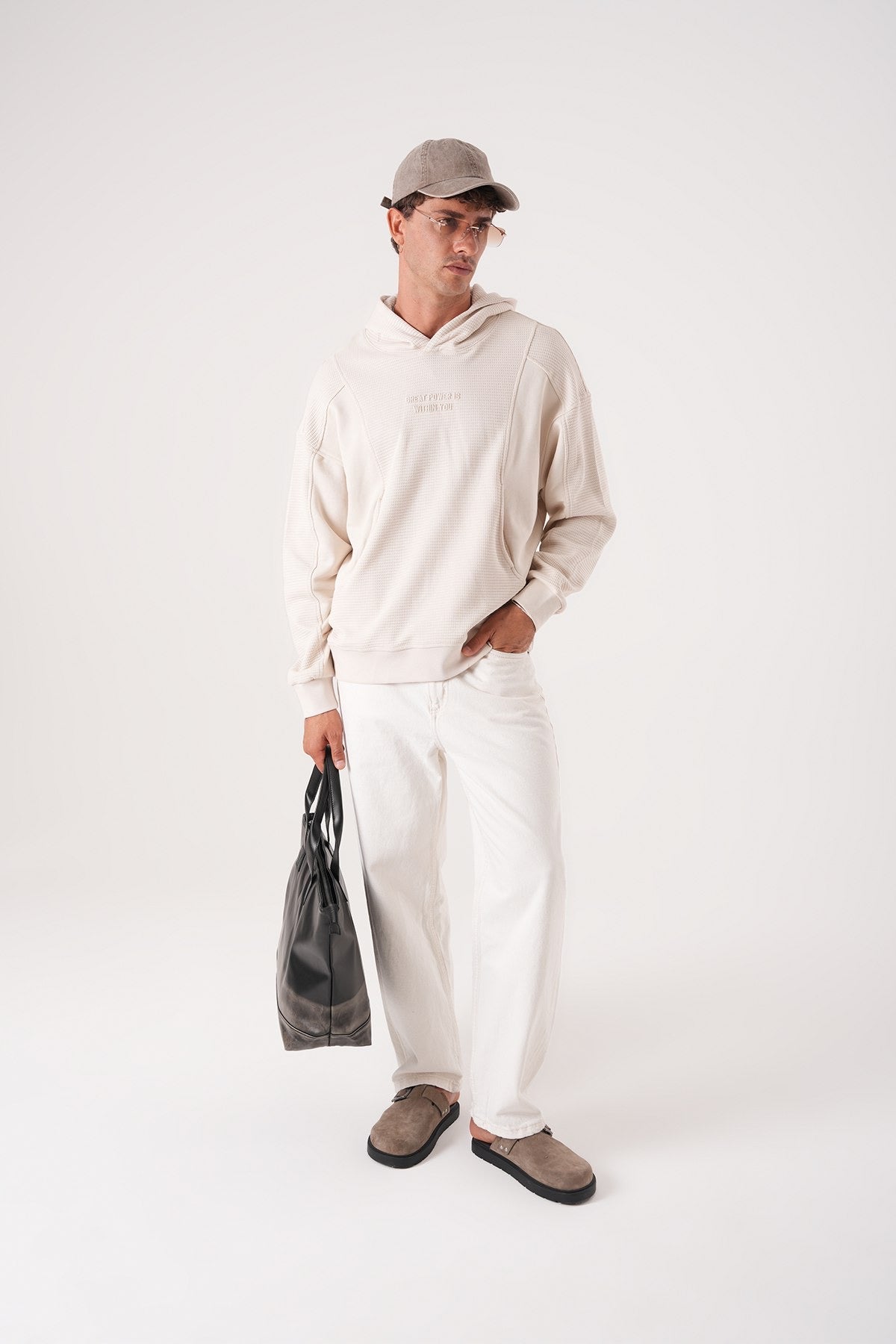 Textured Beige Hoodie – Minimal Waffle Oversized Fit