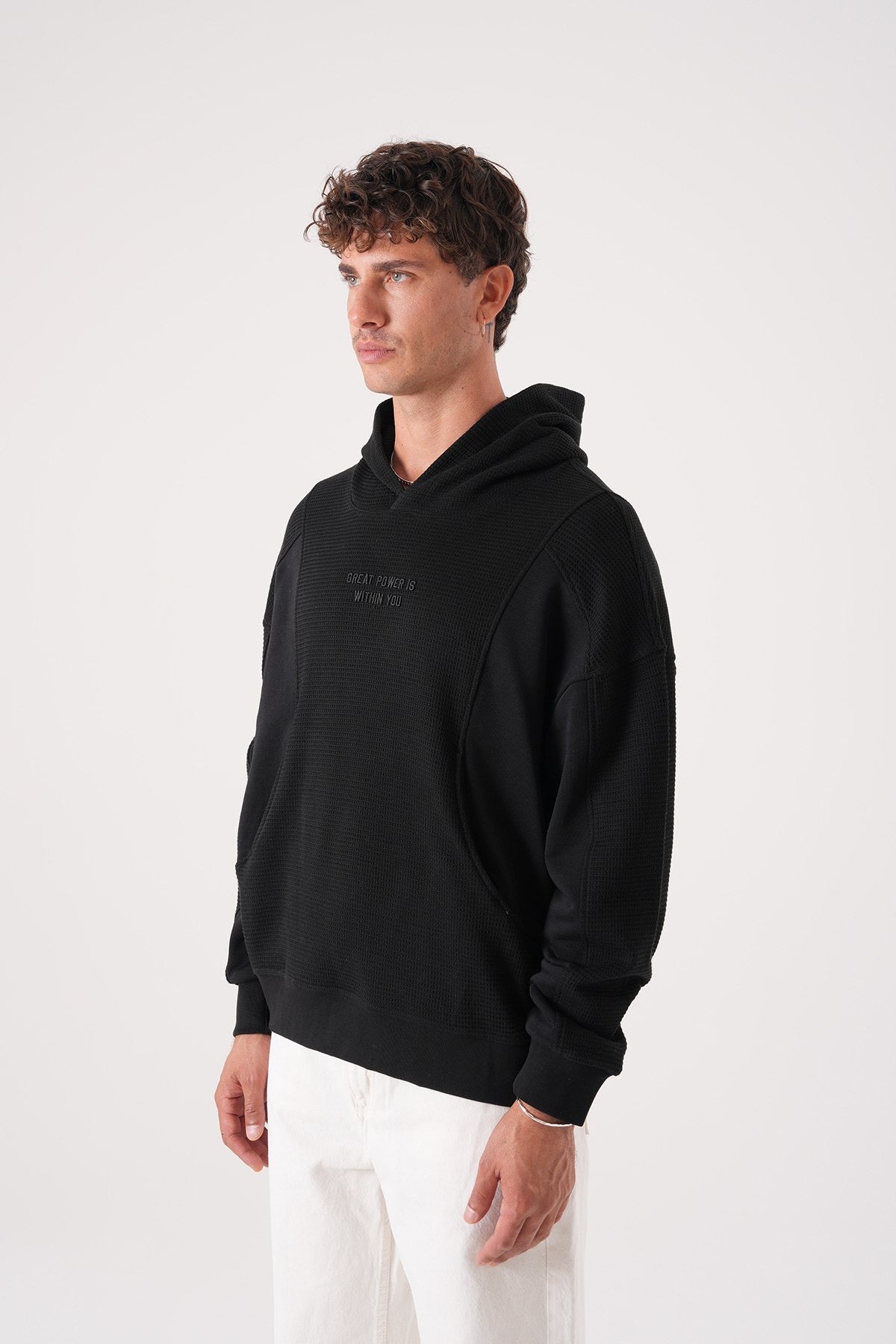 Black Textured Hoodie – Waffle Panel Oversized Fit