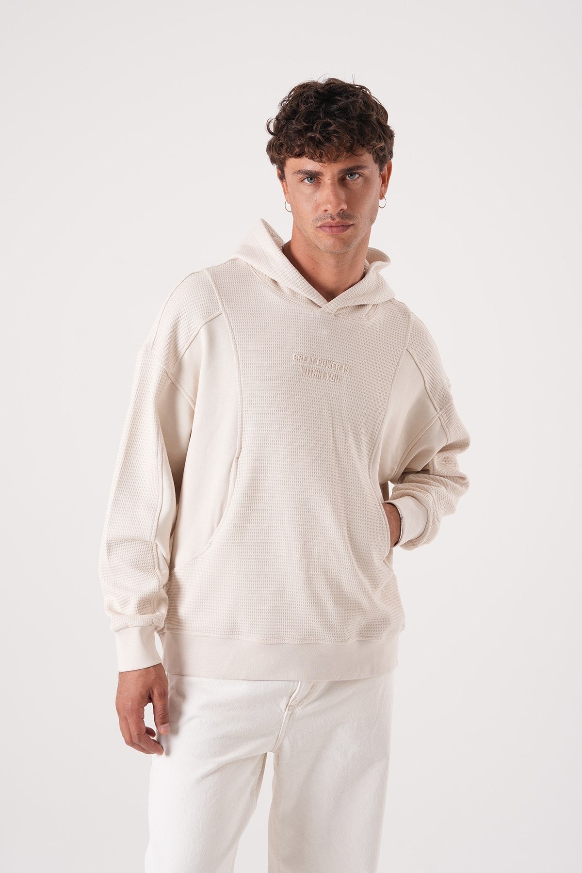 Textured Beige Hoodie – Minimal Waffle Oversized Fit