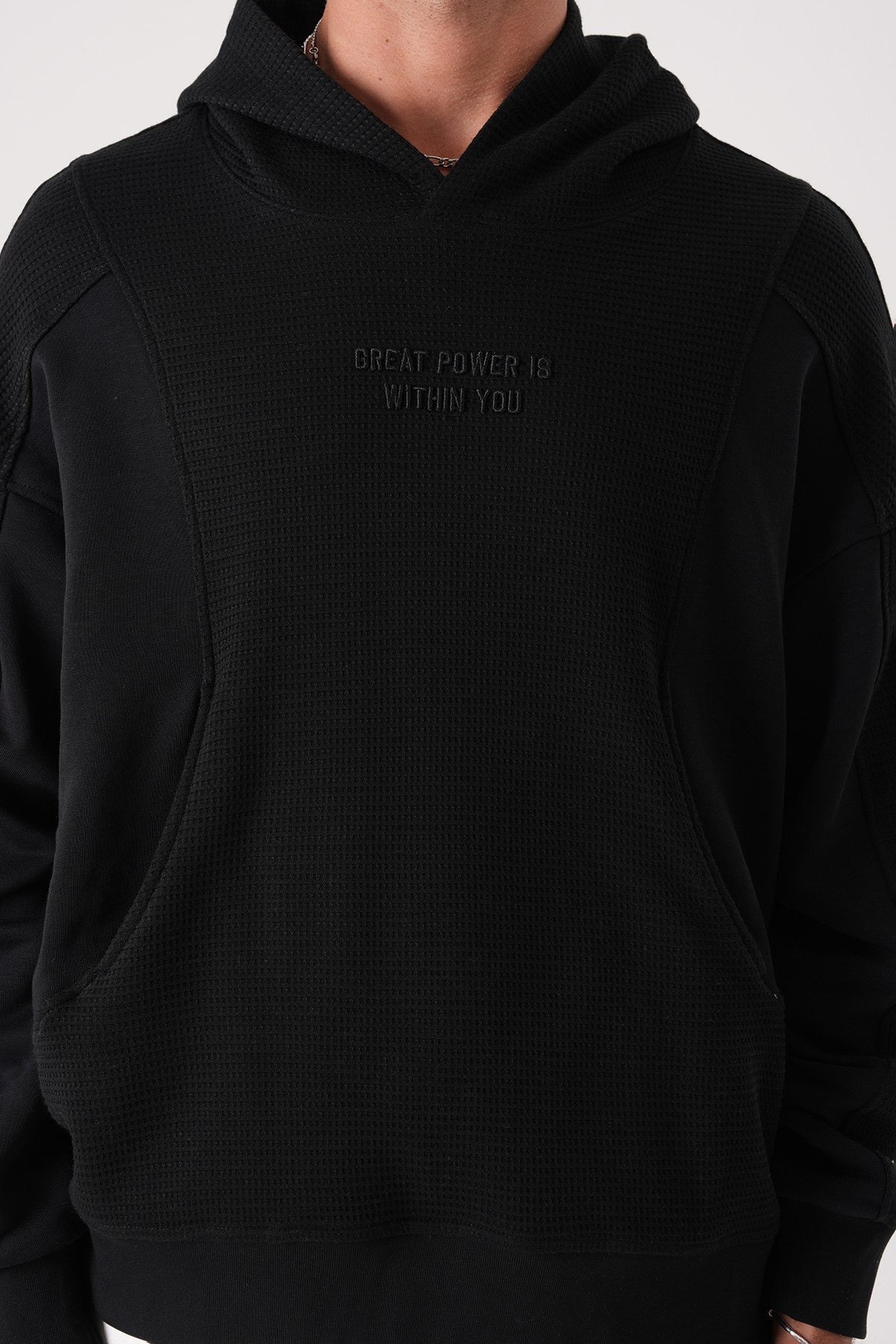 Black Textured Hoodie – Waffle Panel Oversized Fit