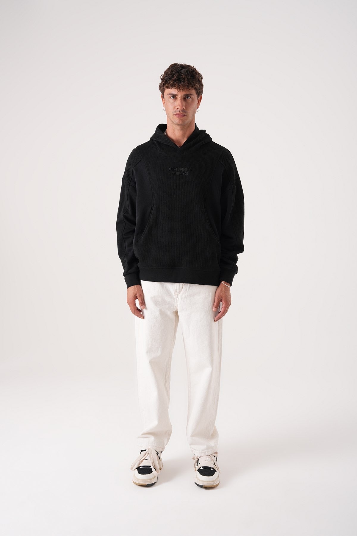 Black Textured Hoodie – Waffle Panel Oversized Fit