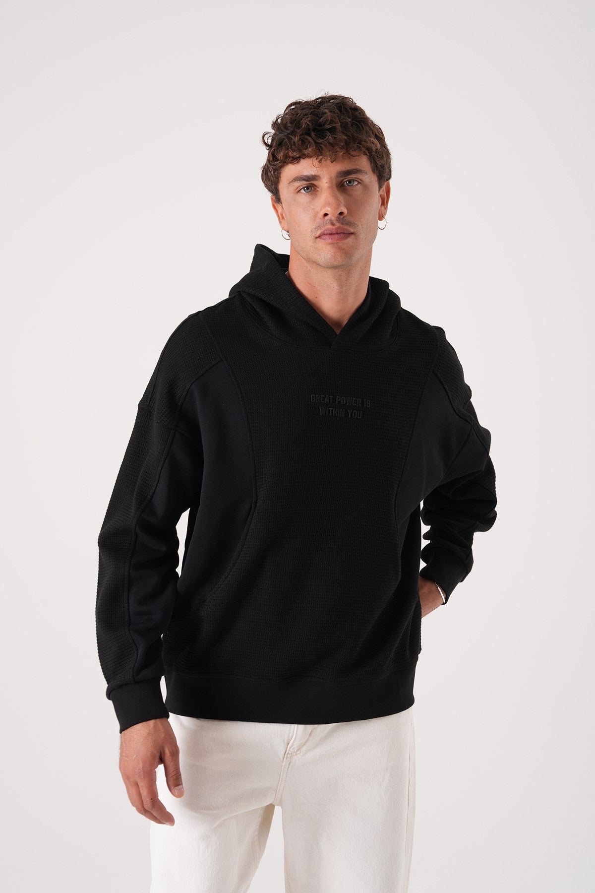Black Textured Hoodie – Waffle Panel Oversized Fit