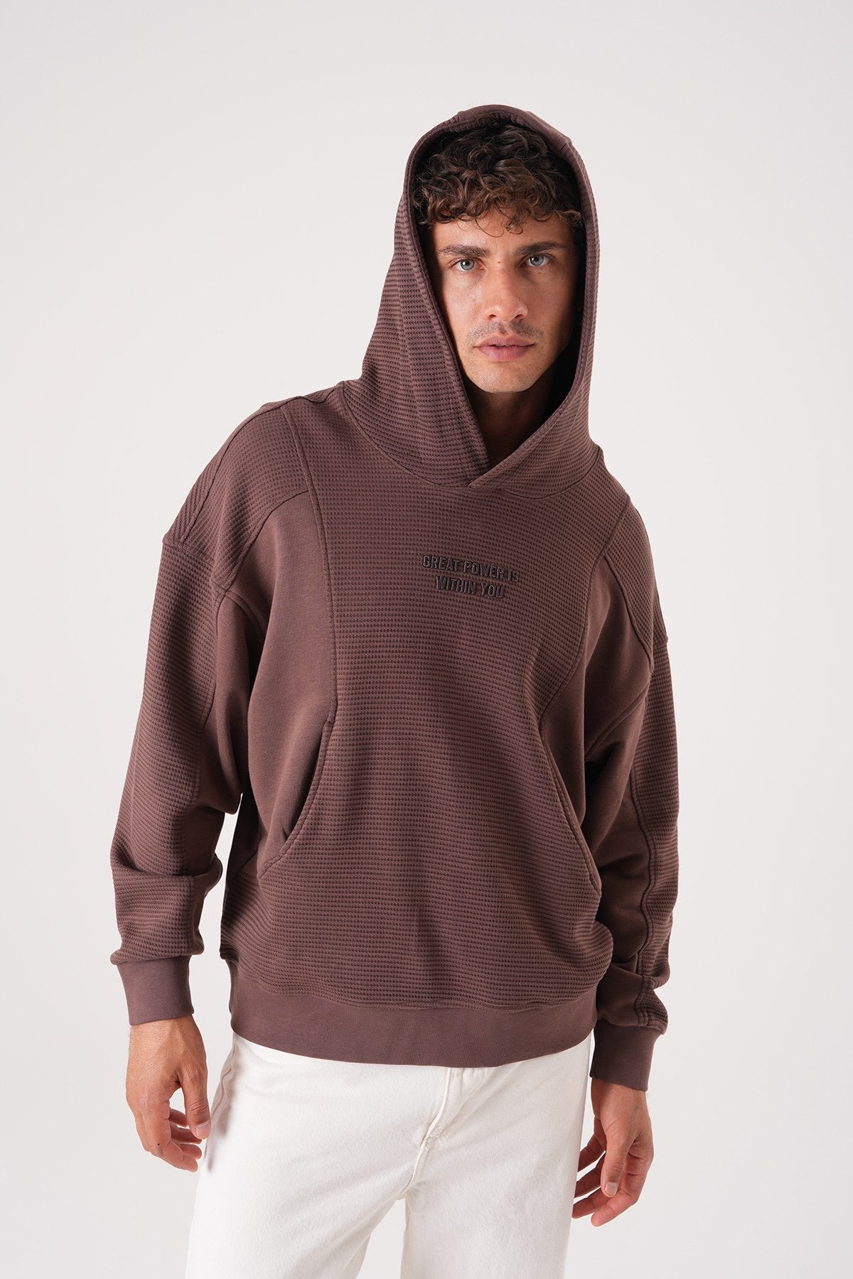 Brown Textured Hoodie – Waffle Panel Oversized Fit