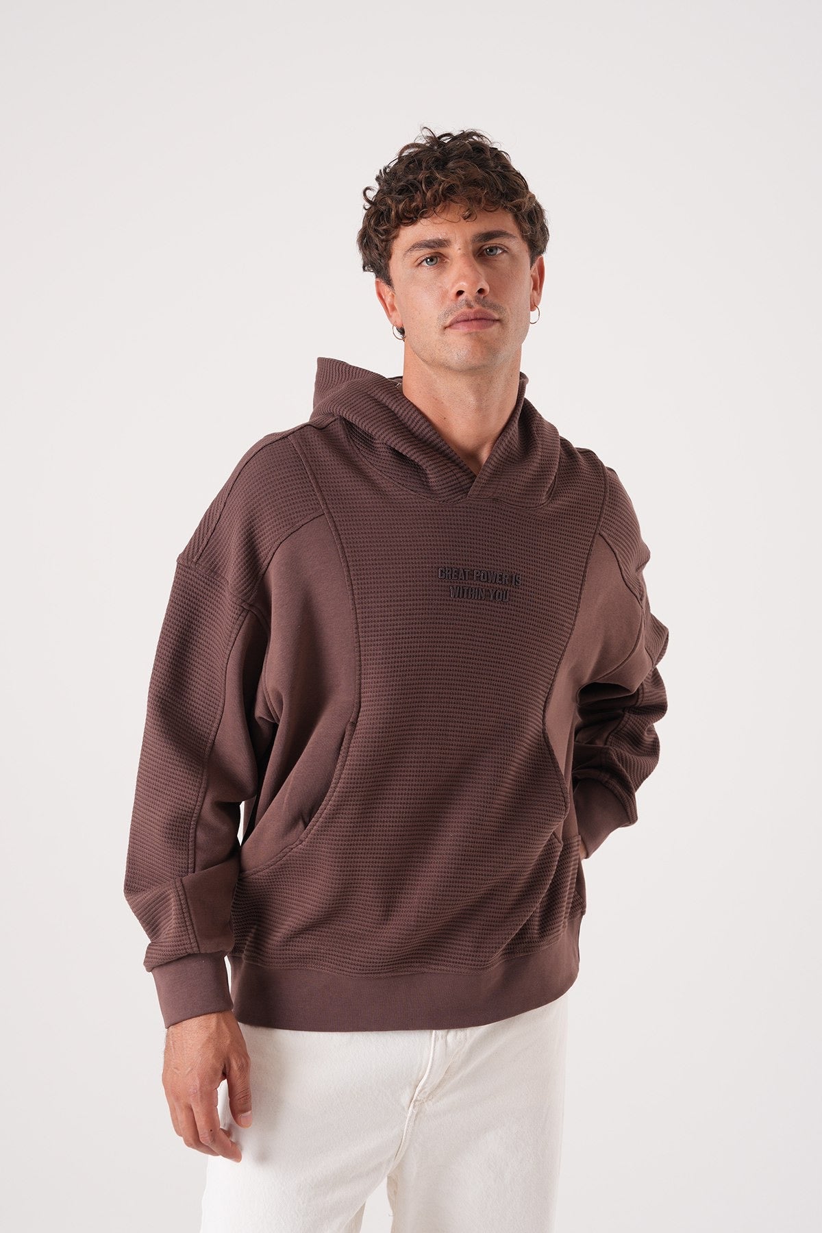 Brown Textured Hoodie – Waffle Panel Oversized Fit