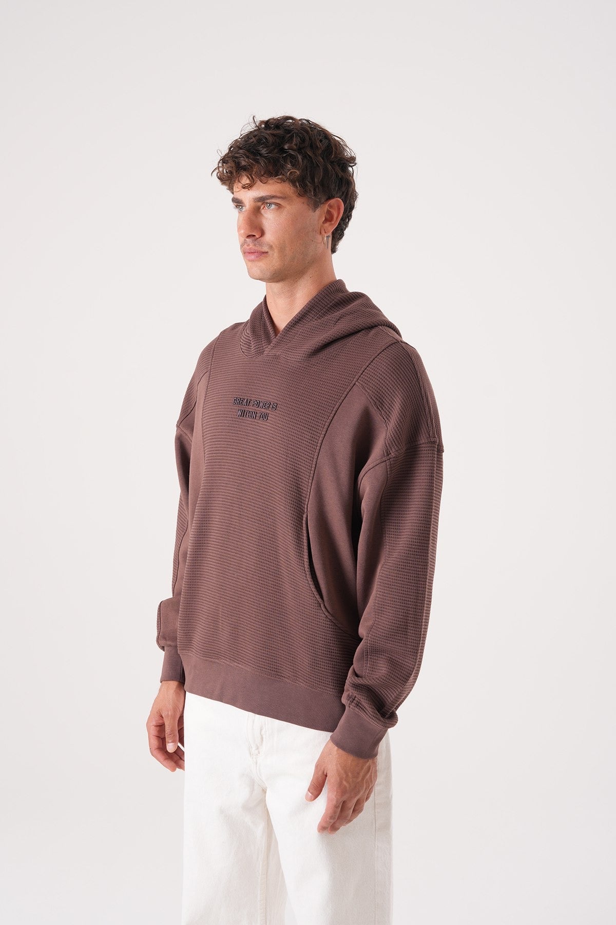 Brown Textured Hoodie – Waffle Panel Oversized Fit