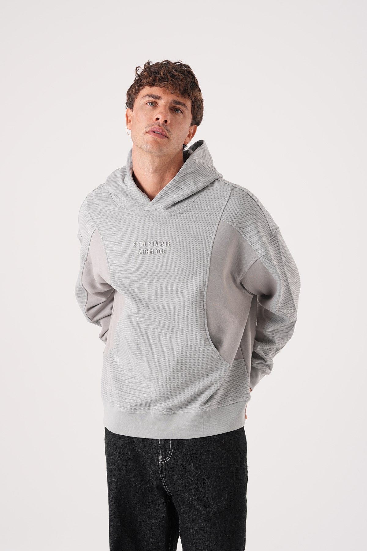 Grey Textured Hoodie – Waffle Panel Oversized Fit