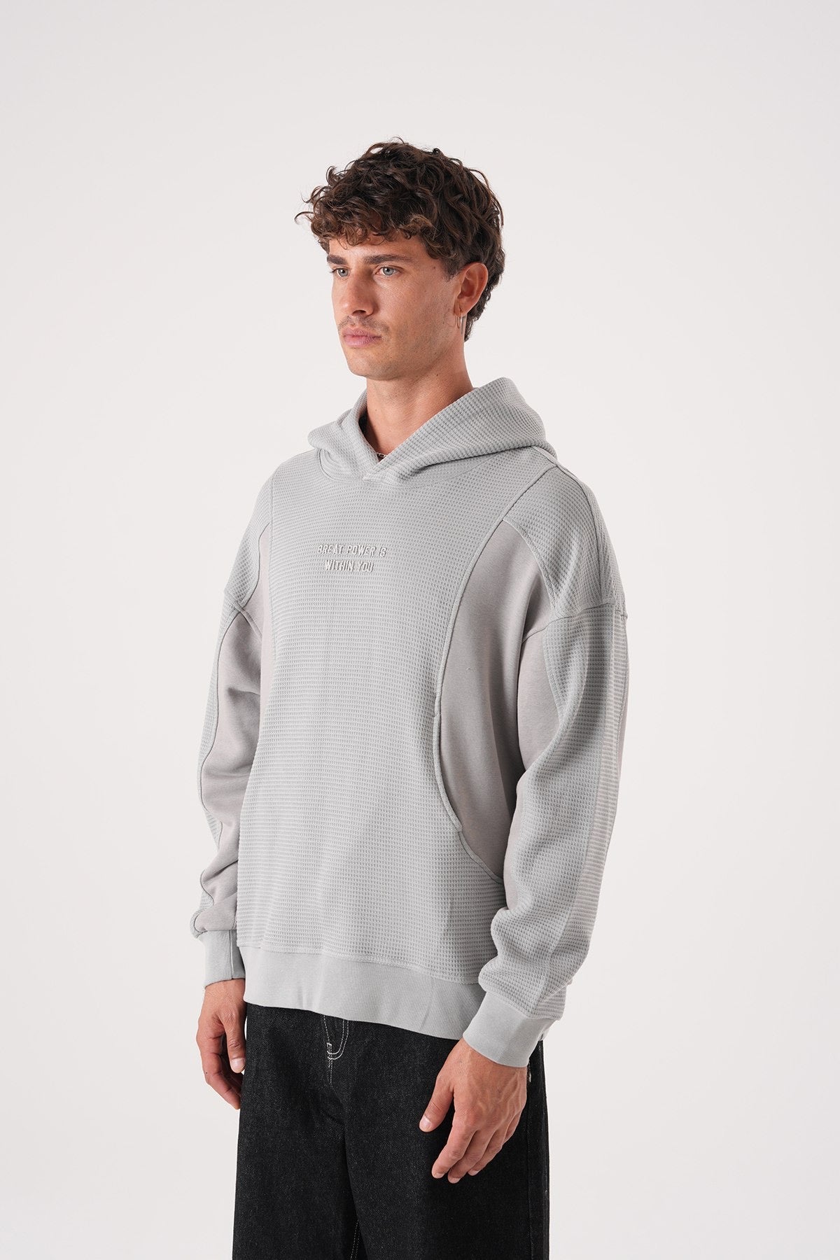 Grey Textured Hoodie – Waffle Panel Oversized Fit
